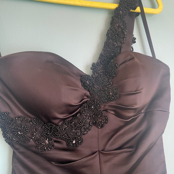 Xscape Asymmetrical Beaded Strap Ruched Mini Dress - Picture 3 of 7